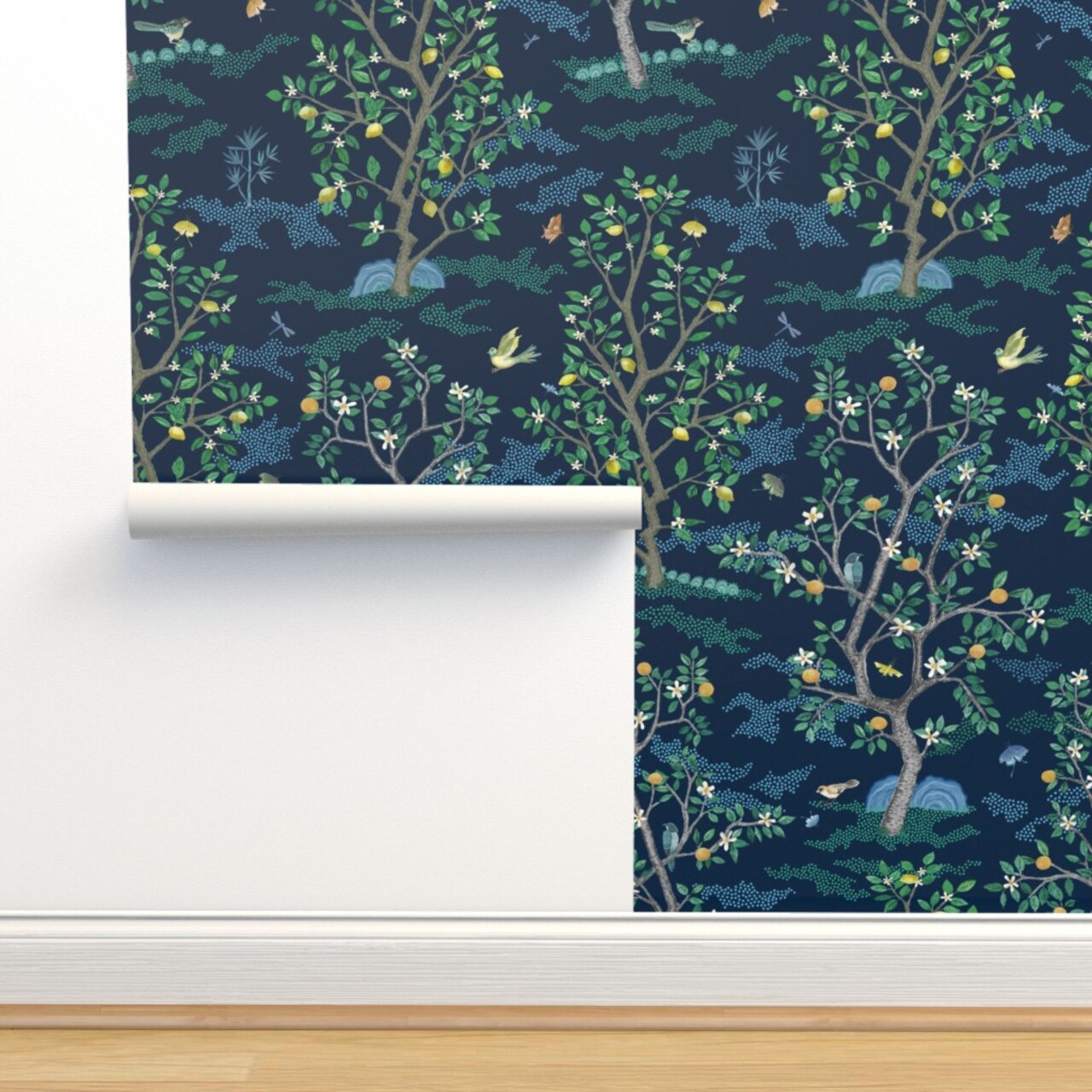 Orchard Toile Green Blue Birds Tree Large Scale Oranges Lemons Toile Chinoiserie Scenic Fruit Citrus Grove Custom Removable Wallpaper by Spoonflower Peel & Stick Wallpaper 2FT Wide